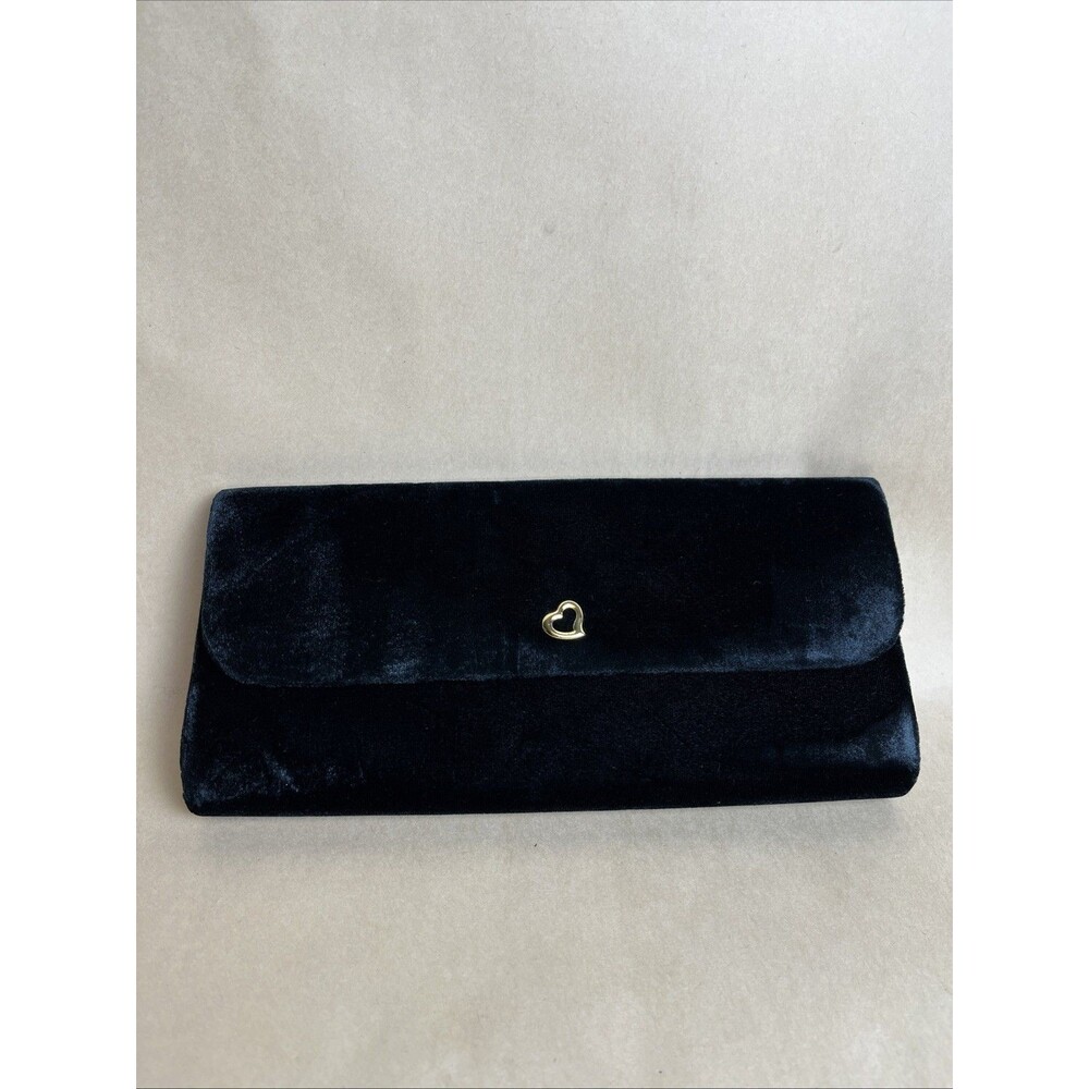 Victoria’s Secret Black Velvet Clutch Handbag Gold Heart Prom Evening Wedding
